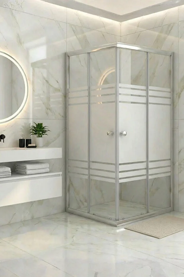 Duşakabin Kare Temperli Cam Sürgülü Kapılı Teknesiz Trio Kumlama Krom Profil